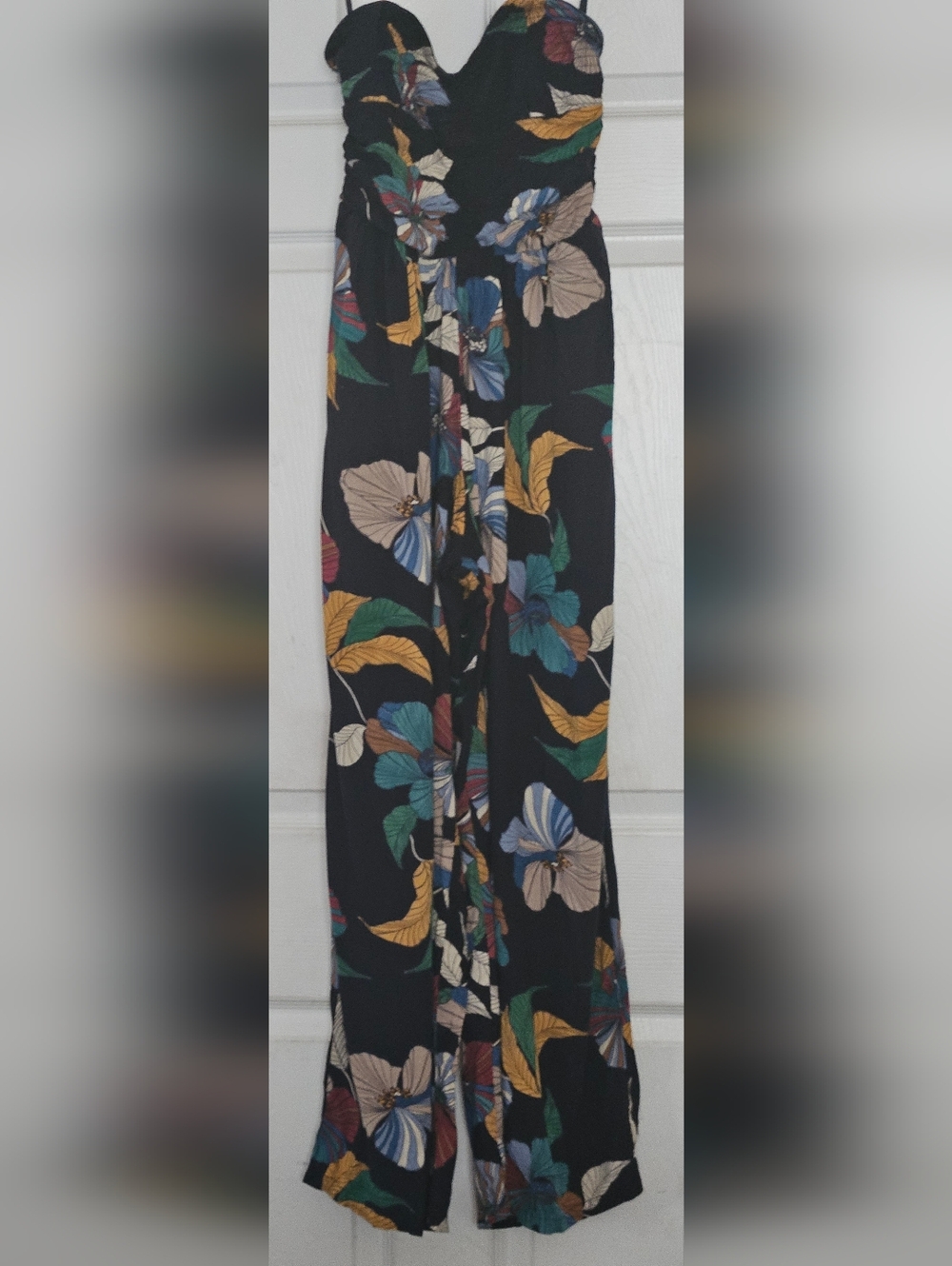 BOG Collective Navy Tropical Floral Strapless  Jumpsuit Sz Large Pre-Owned EUC